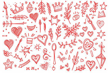 Set of red pen line doodle element vector. Hand drawn doodle  collection of heart, arrows, scribble, flower, star, crown, scribble. Design for print, cartoon, card, decoration