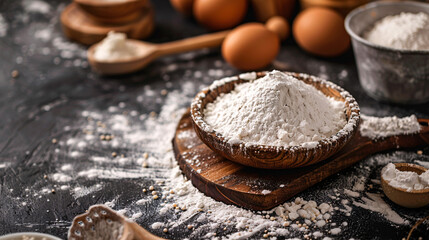 Baking ingredients on a wooden surface. A rustic kitchen scene featuring flour in a wooden bowl, surrounded by baking essentials like eggs and wooden spoons.