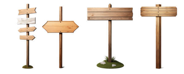 Blank empty wooden rustic signage sign board signpost post wood on transparent background cutout, PNG file. Many assorted different Mockup template for artwork design.