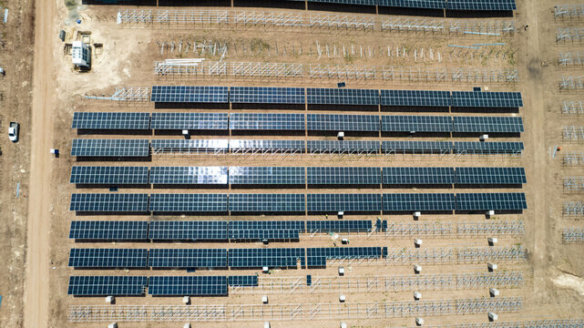 Drone shot of solar farm during construction in 2024