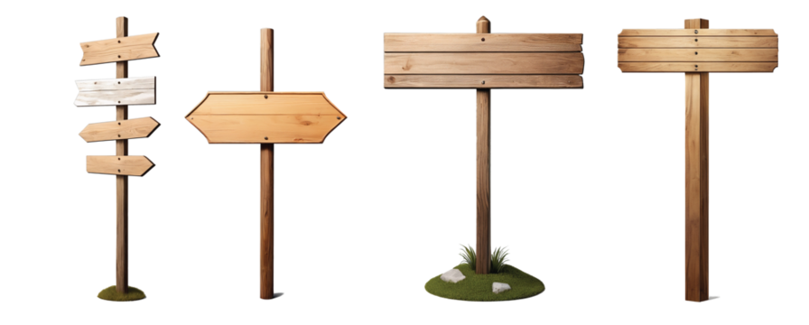 Blank empty wooden rustic signage sign board signpost post wood on transparent background cutout, PNG file. Many assorted different Mockup template for artwork design.
