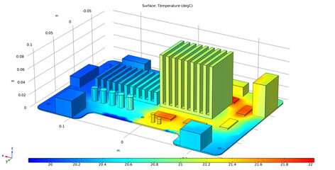 Computer 3d modeling of temperature distribution 
on surface of printed circuit
board of electronic device and pcb components
(capacitor, integrated circuit, radiator), conductors. 
Thermal analysis.
