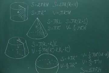 Different math formulas written with chalk on green board