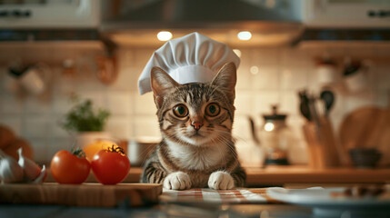 Tabby Cat Dressed as Chef in Kitchen