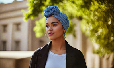 Charming Biracial Woman Posing Confidently with a Patterned Headscarf - Powered by Adobe
