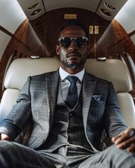 black rich man on private plane