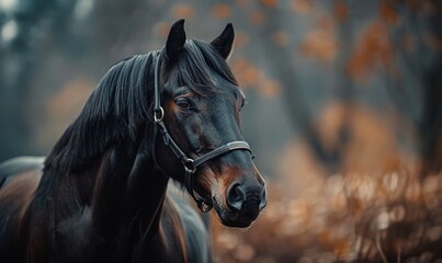 Brown Horse Standing in Dark Forest
