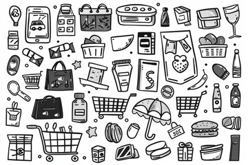 Shopping retail sale and discount doodle set isolated vector illustration isolated on white background set vector icon, white background, black colour icon