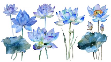  Set blue lotus flower, watercolor illustration, hand drawing, flora wedding