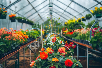 Fototapeta premium flower greenhouse with flowering plants for sale, dahlias in pots in rows