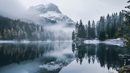 misty mountain lake with forest. A serene misty mountain lake surrounded by a dense forest, with fog rolling over the water creating a tranquil scene..