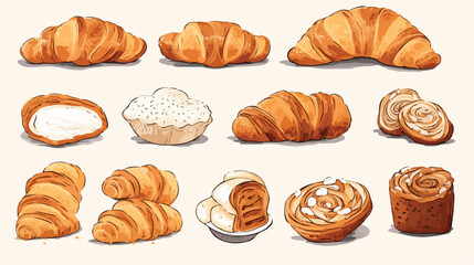 vector sketch fresh white loaf bread Croissant set