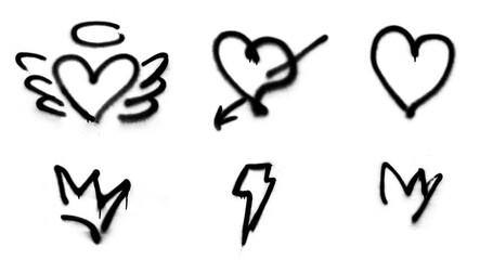 Graffiti symbols. Spray painted heart, crown, lightning.