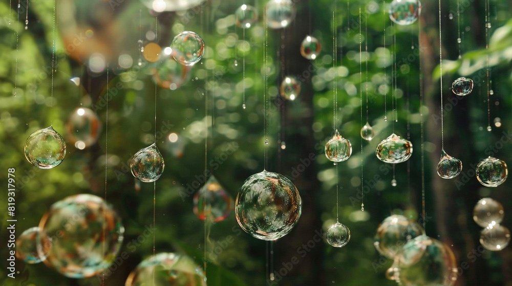 Wall mural a cluster of floating orbs dangling from a twine in front of verdant foliage