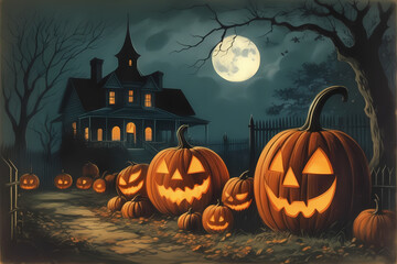 Explore a spooky illustration featuring Jack-O-Lanterns and an eerie old house, shrouded in mystery under the Halloween moon