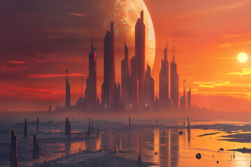 
Science fiction landscape with futuristic city at orange dusk on the alien planet.