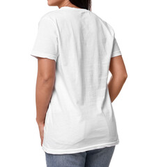 Woman wearing stylish t-shirt on white background, closeup