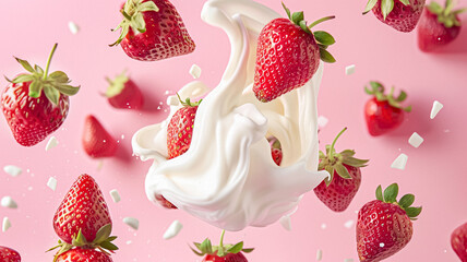 Strawberries falling into cream, milk or yoghurt on pink background, strawberry dessert