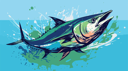 vector sketch sea tuna fish on abstract green splas