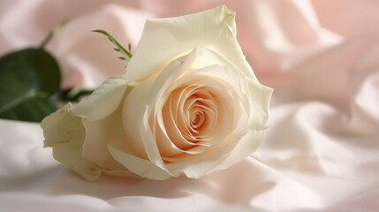 White rose on satin fabric. A delicate white rose rests on a soft satin fabric, creating a romantic and elegant scene...