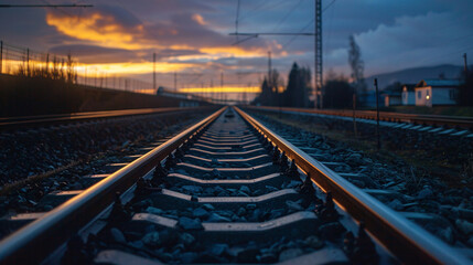 Fototapeta premium Railroad tracks at sunset. A captivating view of railroad tracks leading into the distance at sunset, with vibrant colors in the sky...