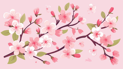 Vector spring pink flowers with leaves gentle patte