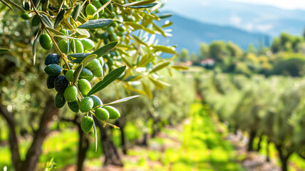 Olive grove, olive trees nature landscape, olive oil commercial produce, food industry and retail concept