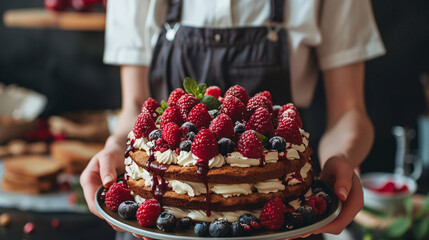 Homemade berry cake. A person holding a homemade berry cake topped with fresh raspberries and blueberries, adorned with whipped cream...