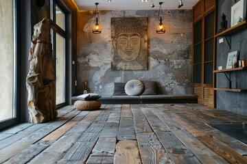 Zen-like minimalistic room with weathered floors and earthy tones. Dreamy earth tones, rustic accents. Ample wall space for artists to showcase their art. 