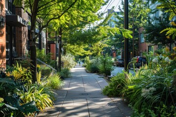 Fototapeta premium Sidewalk lined with thriving plants and trees in a sustainable urban setting, promoting eco-friendly living