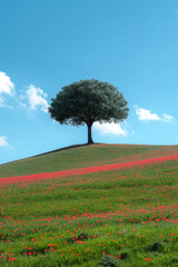 landscape with alone tree stands on the top of an green grassy hill surrounded by poppies in full bloom under a blue sky, photorealistic // ai-generated 