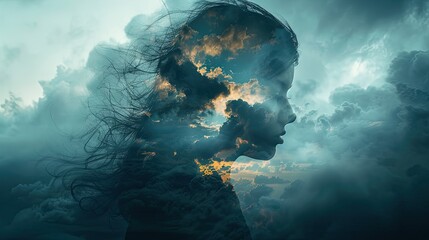 The idea of depression, trauma, and anxiety portrayed through a double-exposure photograph featuring a person and ominous dark clouds