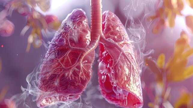 The visualization showcases a lung that is partially obstructed by fluid, emphasizing the presence of pulmonary edema and its consequential effect on respiration