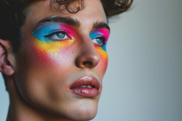 Close up of gay man with funky bright makeup on gray background. Male wearing rainbow colored eyeshadow. Gay lifestyle and LGBT fashion. Beauty, makeup and skin care concept. Design for banner, flyer