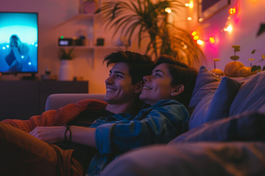 A delighted non-binary couple sharing a cozy evening at home, cuddling on the couch and watching their favorite TV show together. Concept of non-binary love and intimacy. Generative Ai.