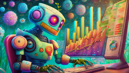 Fototapeta premium oil painting style cartoon character Human droid robot working business analysis finance diagram