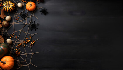 Halloween background with pumpkins spiders and leaves on blackboard
