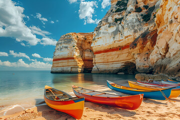 View of cliffs and canoes on ocean, beach near Albufeira, Portugal