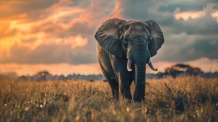 Obraz premium Majestic elephant walks through grassy savannah at sunset