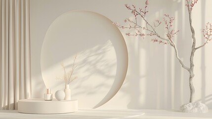 Abstract minimal interior for cosmetic object placement, product display background with tree branch, 3d rendering scene
