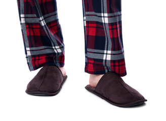 Man in soft slippers on white background, closeup