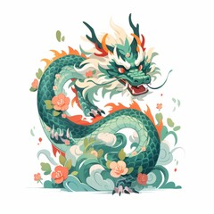 mythical green dragon with flowers, in oriental style