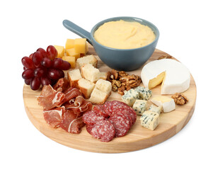 Fondue with tasty melted cheese and different snacks isolated on white