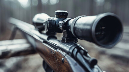 Obraz premium Close-up of a rifle scope in a forest. A detailed shot of a rifle with a scope, set against a blurred forest background, emphasizing precision and focus..