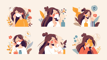 Vector young woman with illness set. Female charact