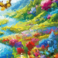 Fototapeta premium Oil paintings and various flowers, lotus leaves, lotus ponds, chrysanthemums, butterflies, scenery, roses, peonies, and beautiful scenery