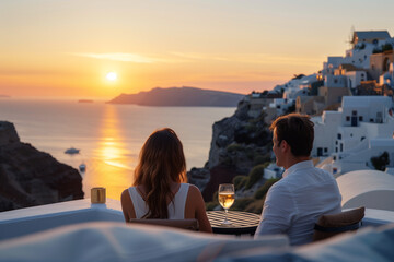 Romantic scene of a couple enjoying a sunset over the sea from a picturesque Santorini terrace, with a glass of wine, epitomizing a luxurious Mediterranean getaway