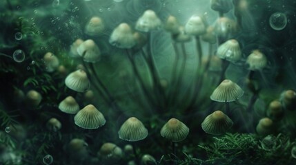  A lush green forest teems with life, featuring clusters of mushrooms resting atop a carpet of...