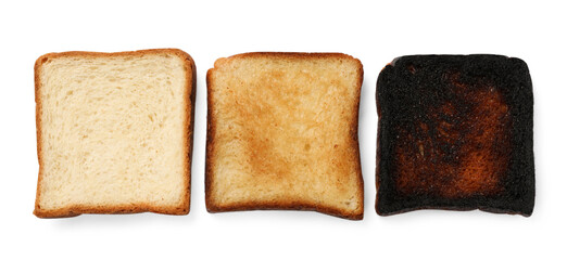 Toasting doneness. Bread slices of different shades isolated on white, top view
