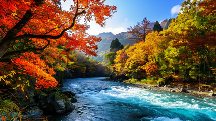 秋の渓谷 川 紅葉